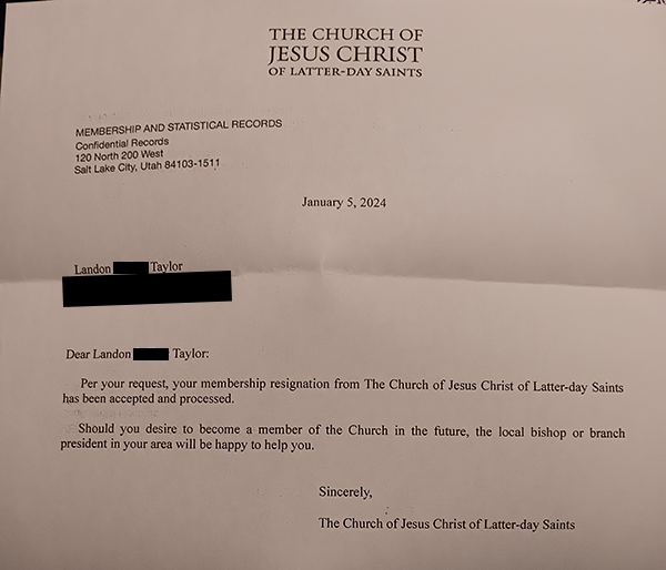 Letter confirming resignation from LDS church